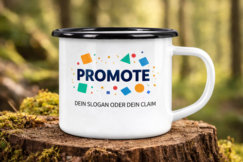 Weiße Emailletasse im Retro-Look, bedruckt mit einem Spruch