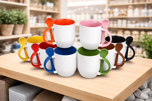 Sublitasse mit Löffel – weiße Keramiktasse mit farbiger Innenseite, Henkel und Keramiklöffel