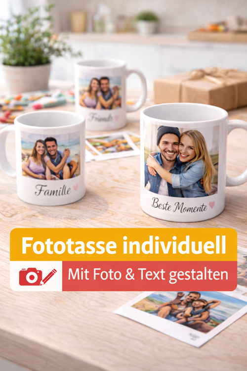 Individuell gestaltete Fototasse mit persönlichem Motiv und Text