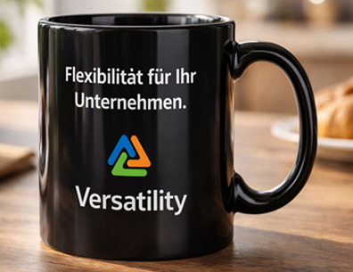 Schwarze Fototasse  mit weißem Druckfeld, bedruckt mit einem Logo, steht auf einem Tisch